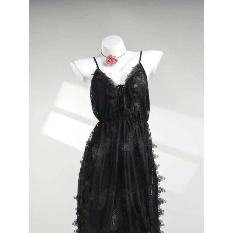 密恋【意念】新款性感女士蕾丝镂空吊带花边网纱珍珠迷人睡裙黑色