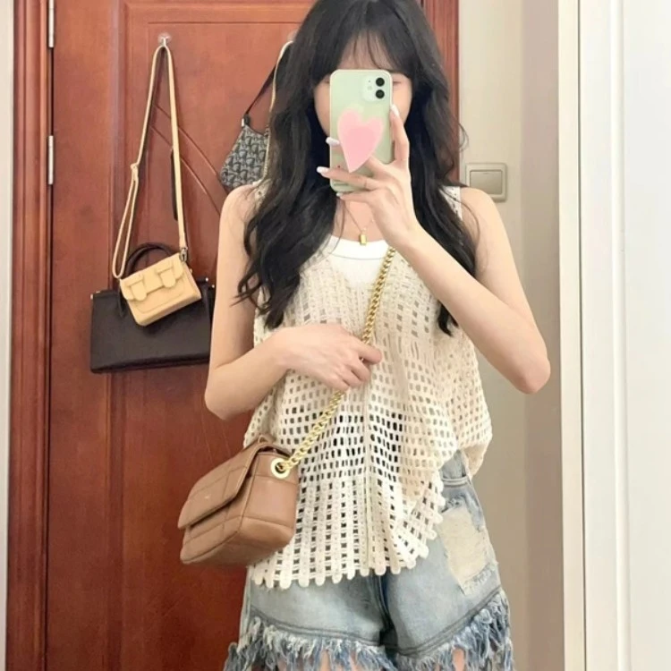 设计感渔网格v领镂空针织背心女夏宽松外穿小众罩衫无袖吊带上衣