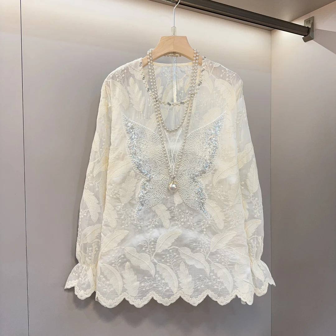 重工串珠设计蝴蝶图案花蕾丝衬衫大码女装早春胖mm洋气显瘦上衣