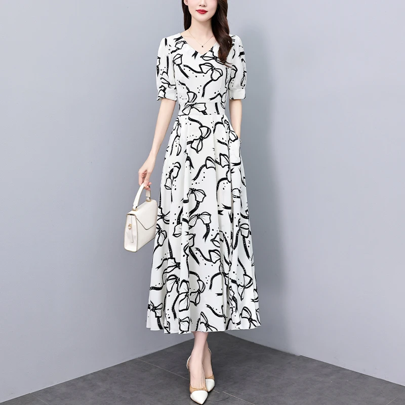 有口袋印花真丝连衣裙2025新款夏季长款收腰显瘦洋气质大摆长裙子