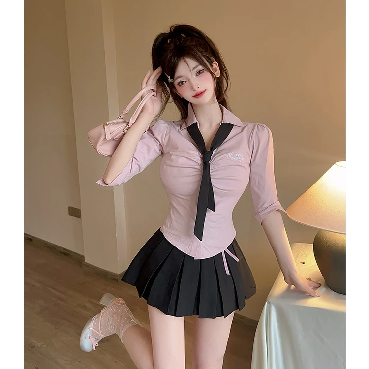甜美学院风夏季穿搭纯欲性感衬衫收腰显瘦美式热辣短裙JK制服套装