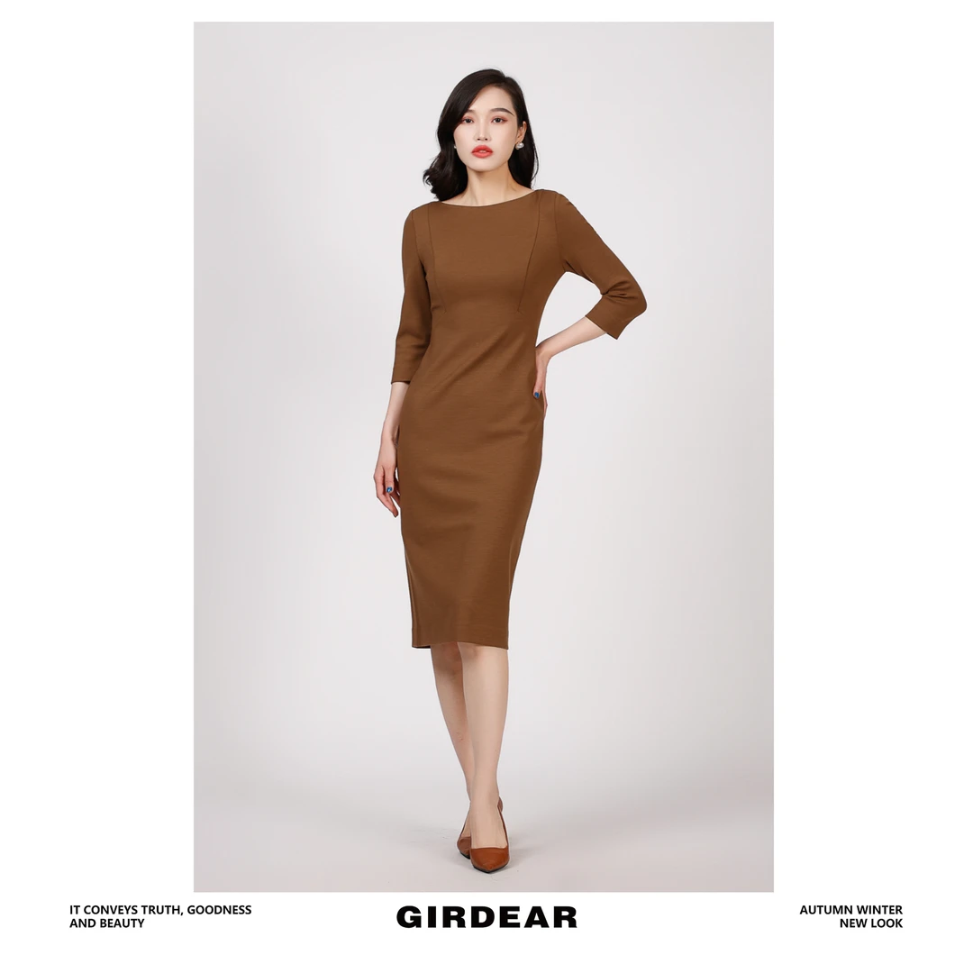 GIRDEAR/哥弟 1500284-2  24K年新中式绵羊毛通勤中袖连衣裙