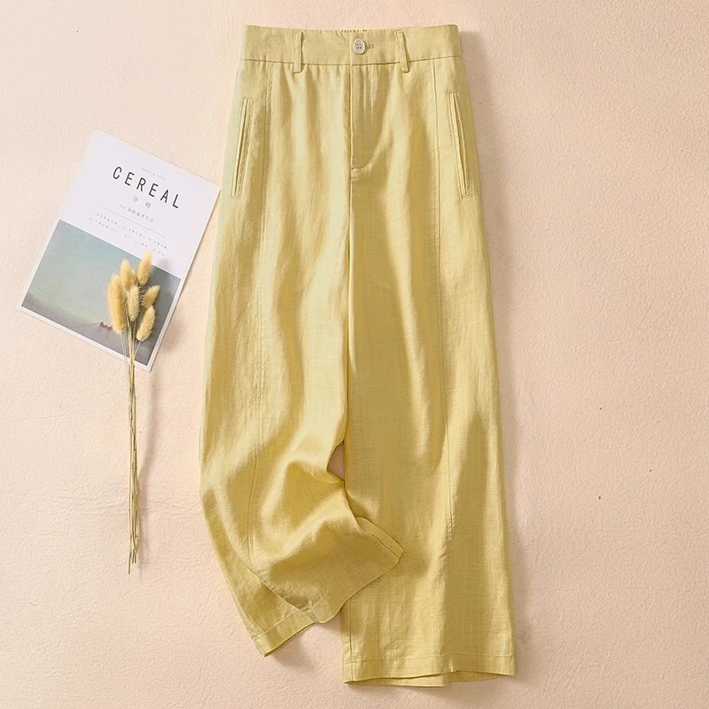 黄色天丝亚麻阔腿裤女2025年夏季薄款高腰宽松八分棉麻休闲直筒裤