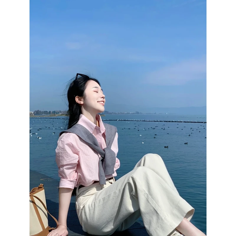 2025春夏季新款韩系穿搭高级感粉色衬衫上衣搭配休闲裤两件套装女