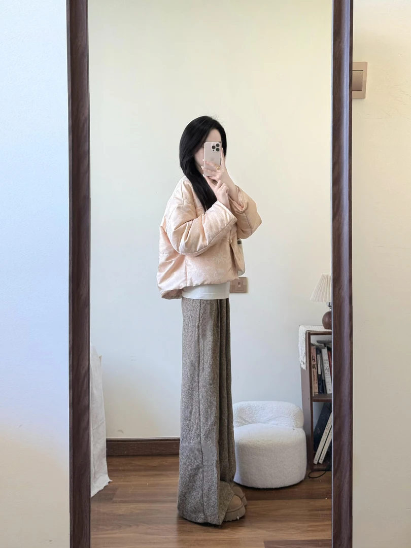 2025秋冬新款新中式提花短款保暖棉服外套搭配阔腿裤气质两件套潮