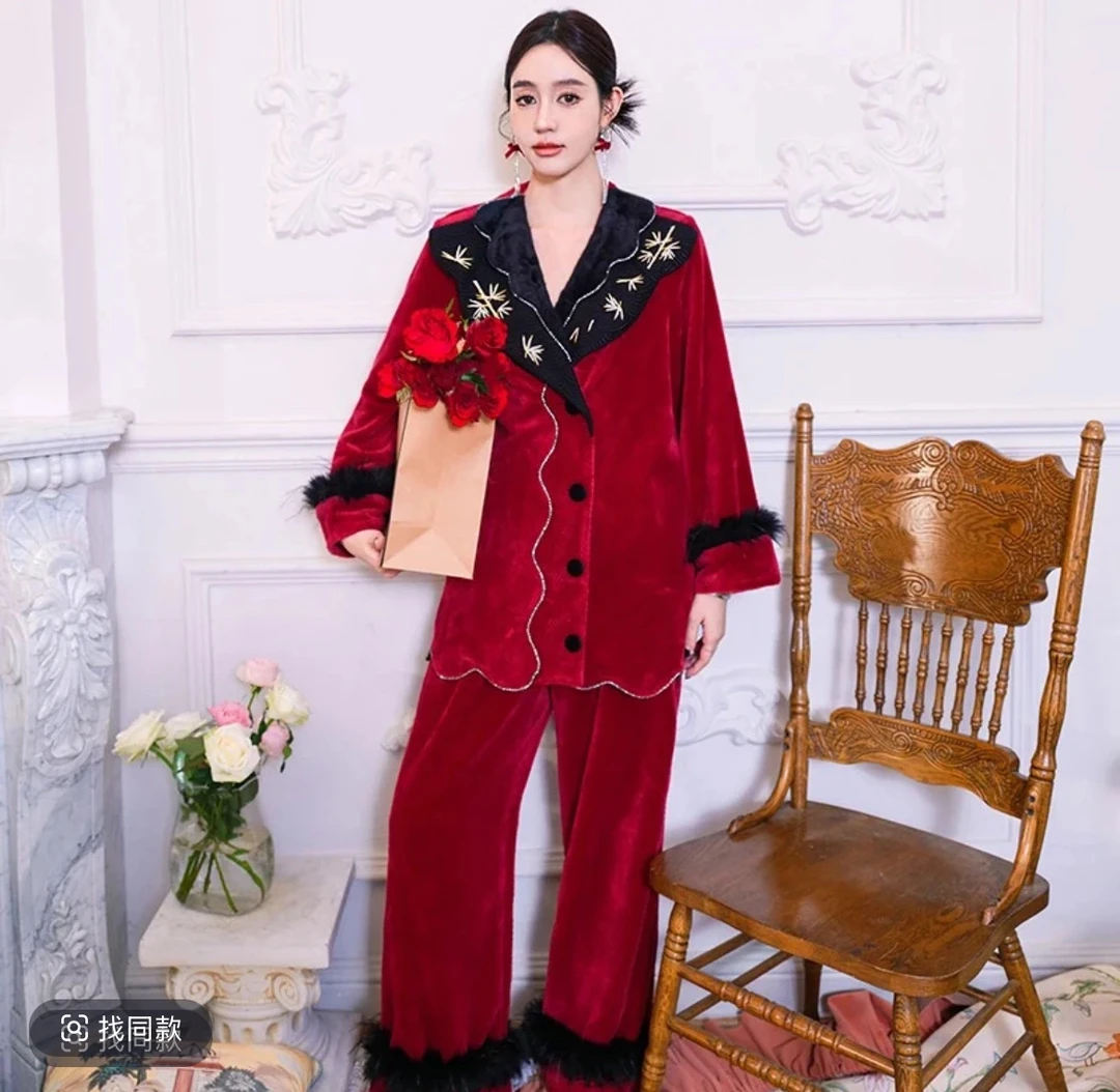 原创竹叶刺绣酒红色水钻撞色法兰绒睡衣女两件套装秋冬新婚家居服
