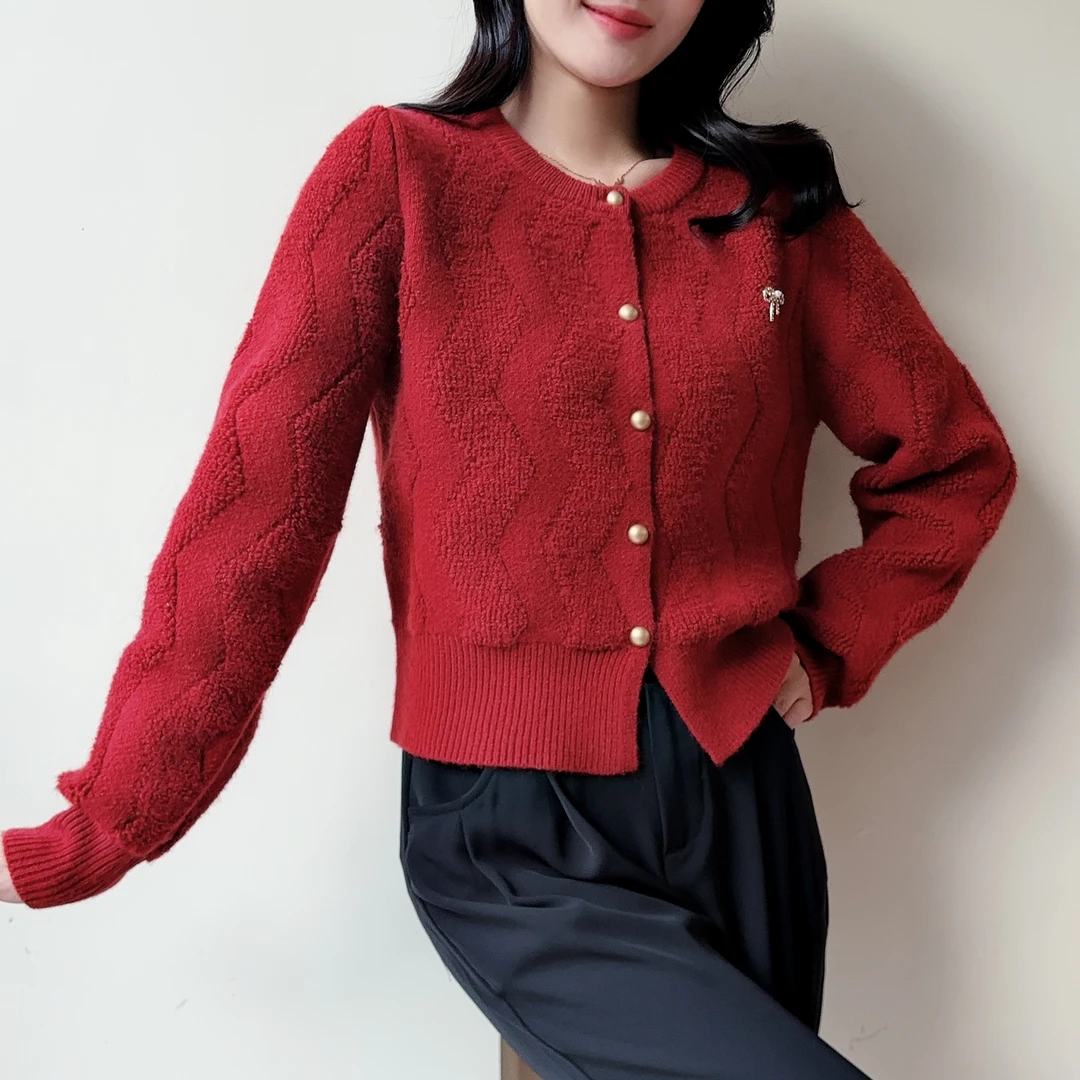 春季新款红色毛衣针织衫女秋冬小香风开衫圆领长袖百搭宽松女士