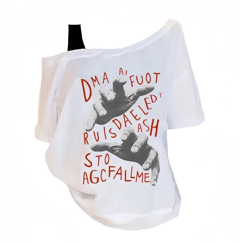 2025新款夏季创意手掌印花休闲短袖T恤宽松露肩百搭ins潮流上衣女