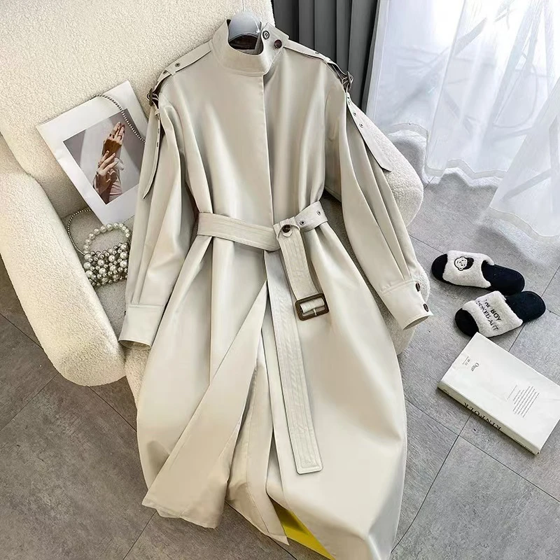 长袖立领长款纯色2025年春季风衣皮衣女士大衣韩版