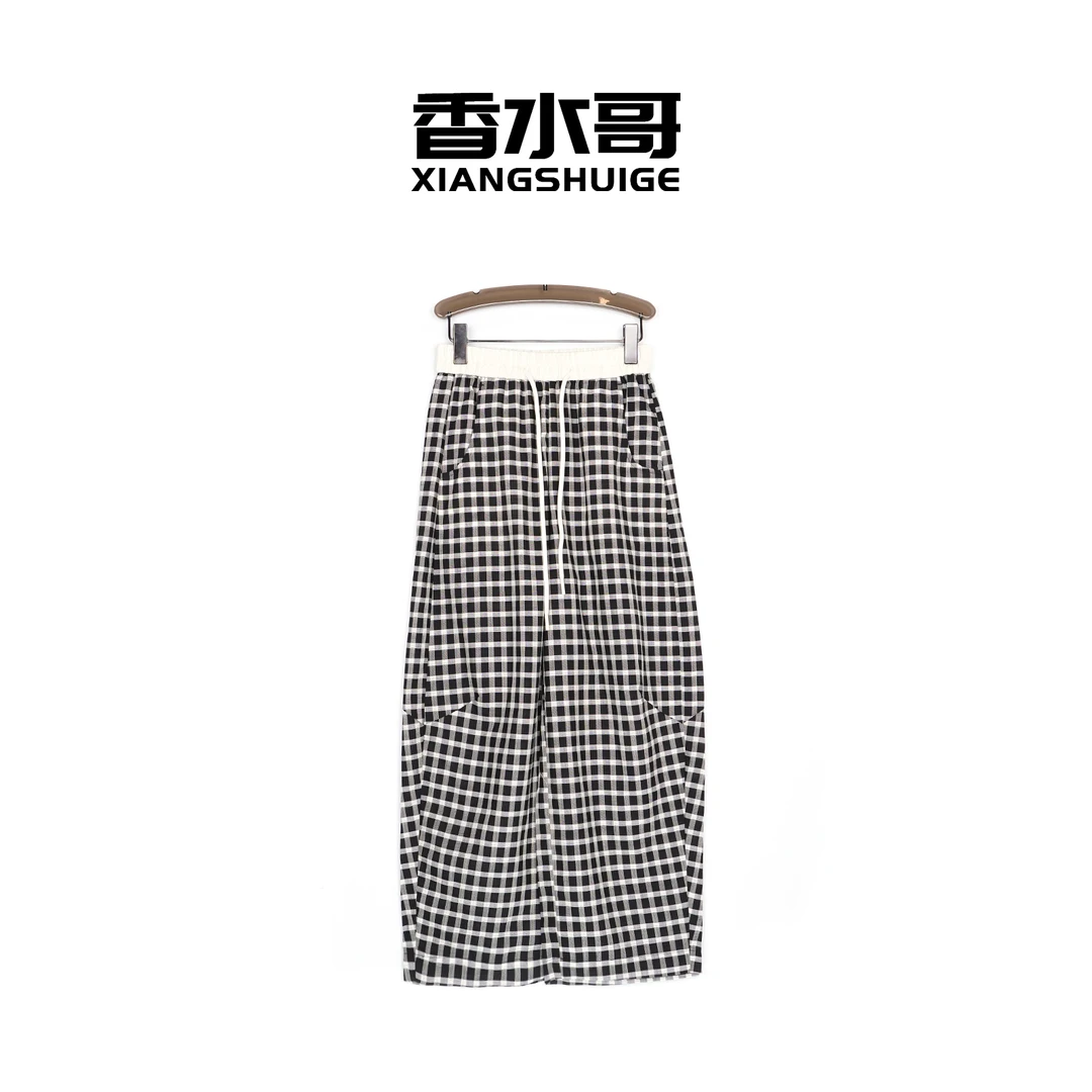 夏季新品2025时尚百搭休闲裤系带松紧腰直筒裤格子裤