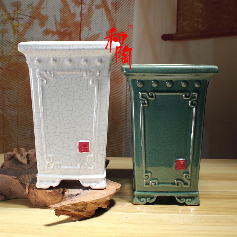 陶瓷花盆冰裂石湾畔高筒中式复古盆景盆兰花三角梅飘枝造型盆桌面