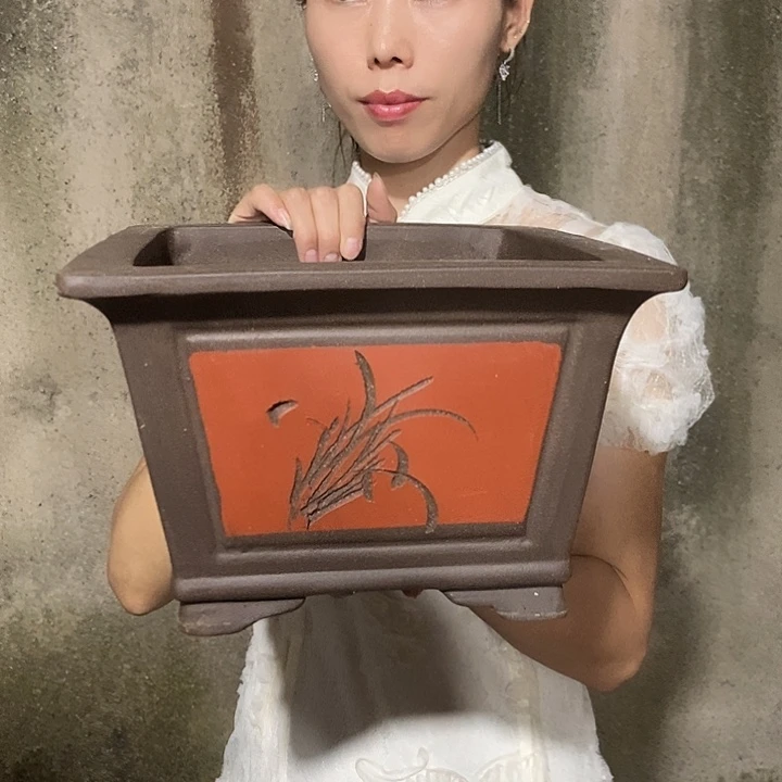 紫砂花盆25红色四方