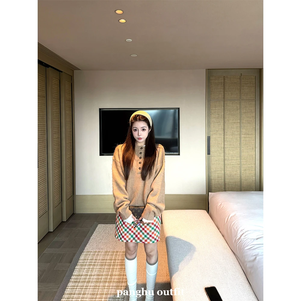 Panghu2025FW【糯米】秋季经典简约羊毛亨利领纽扣慵懒毛针织开衫