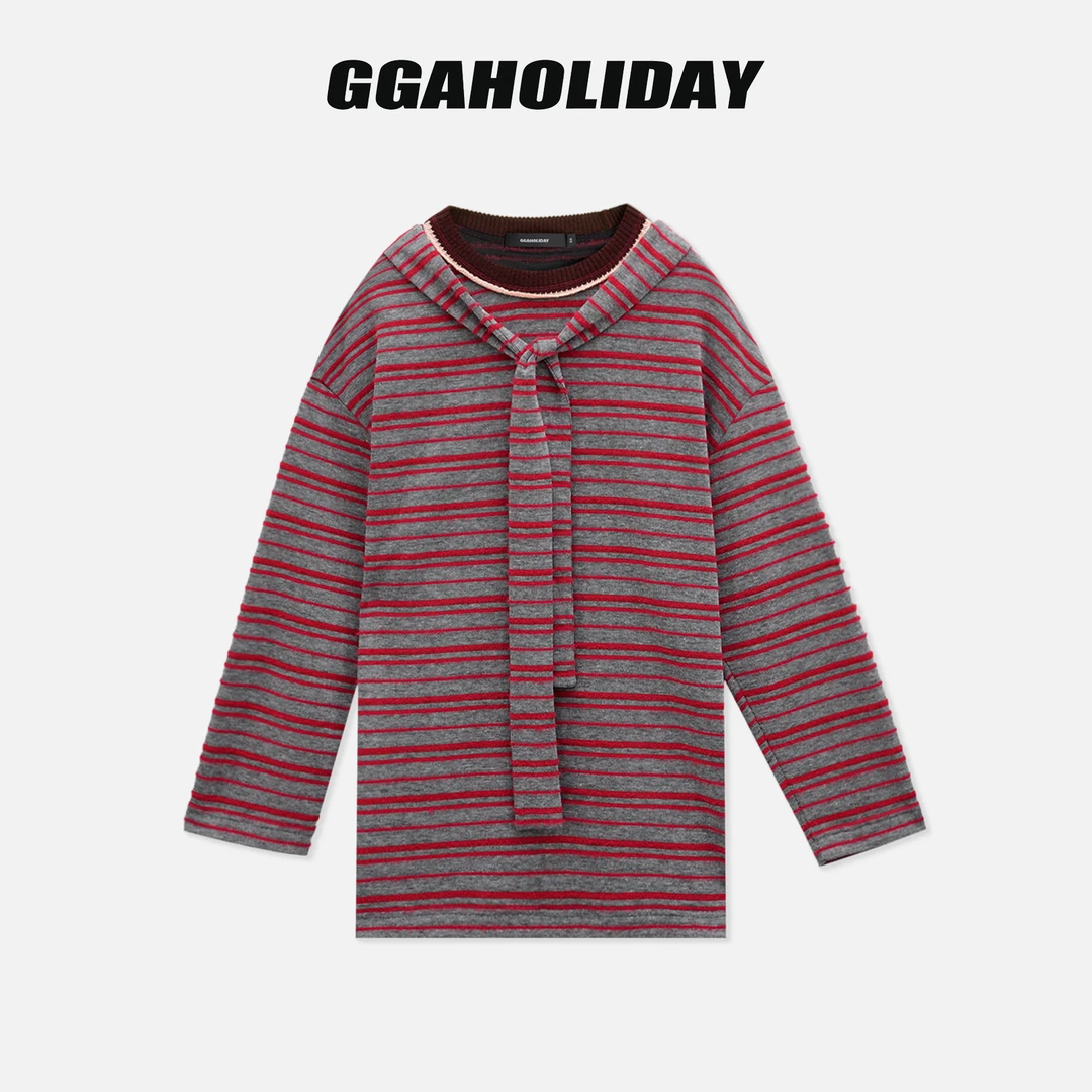 GGAHOLIDAY秋季新款时尚休闲秋冬条纹撞色披肩长袖T恤毛衫-154187