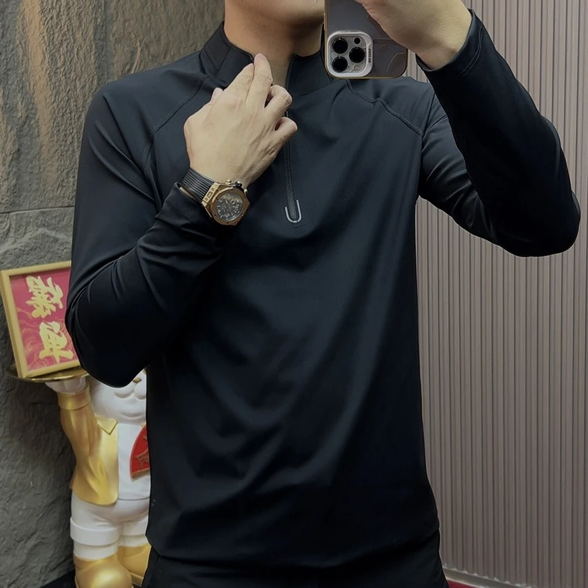 2025-9815常规超强弹性透气立领男运动T恤休闲秋冬纯色时尚