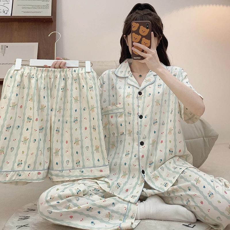 大码250斤三件套云朵棉睡衣女春夏季甜美开衫短袖短裤长裤家居服