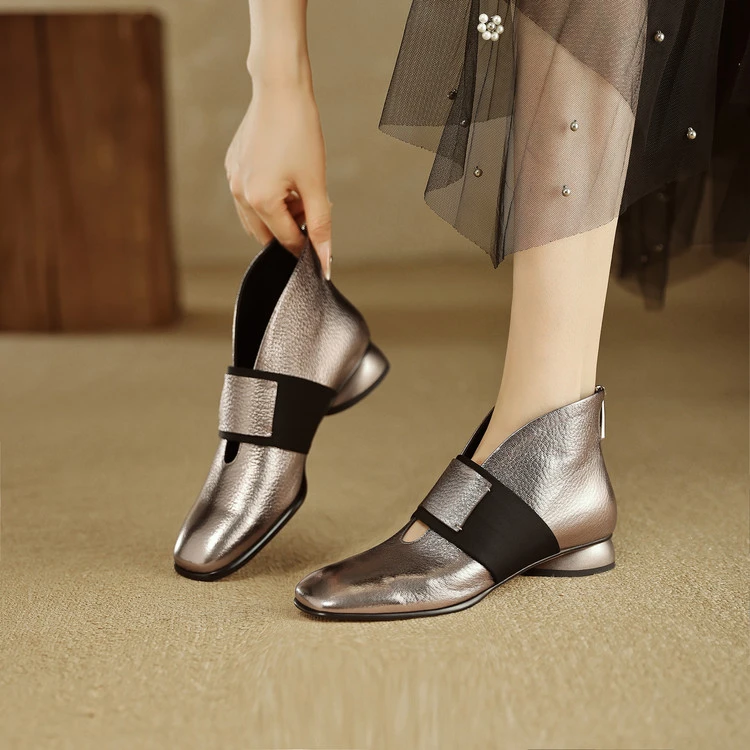 头层羊皮~3cm方头舒适短靴女低跟粗跟短筒靴软底真皮妈妈鞋及踝靴