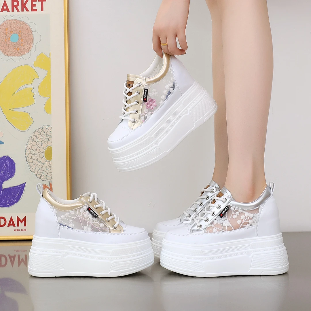 12CM网面透气内增高女鞋厚底夏季超高跟松糕小白鞋拼色时尚休闲鞋