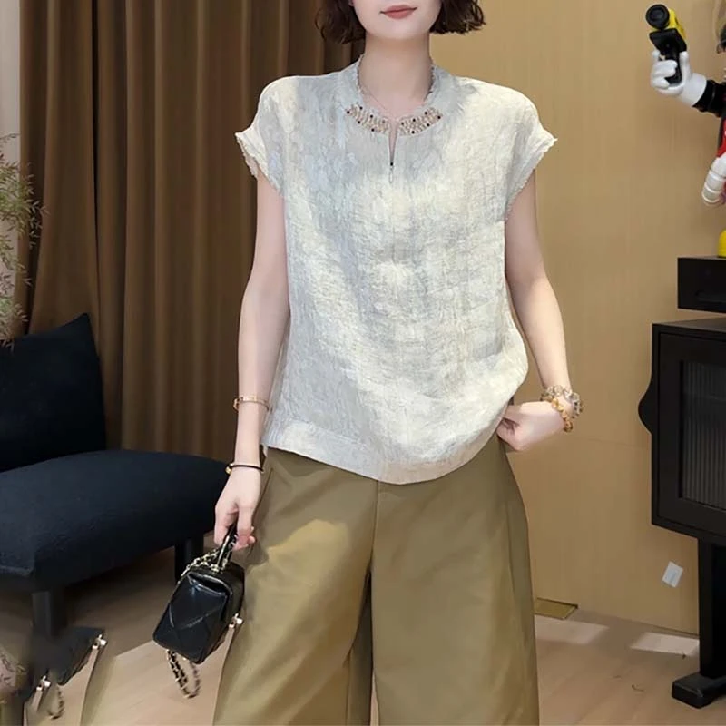 法式气质钉珠圆领短袖T恤女2025夏季新款设计感小众别致时尚上衣