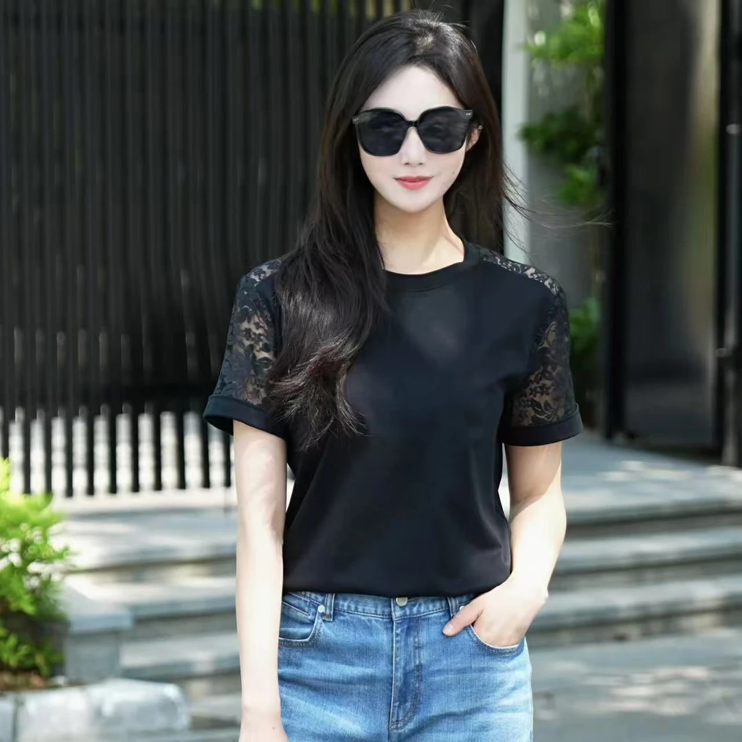 GIRDEAR/哥弟新款百搭显瘦气质法式蕾丝袖拼接圆领T恤1300946