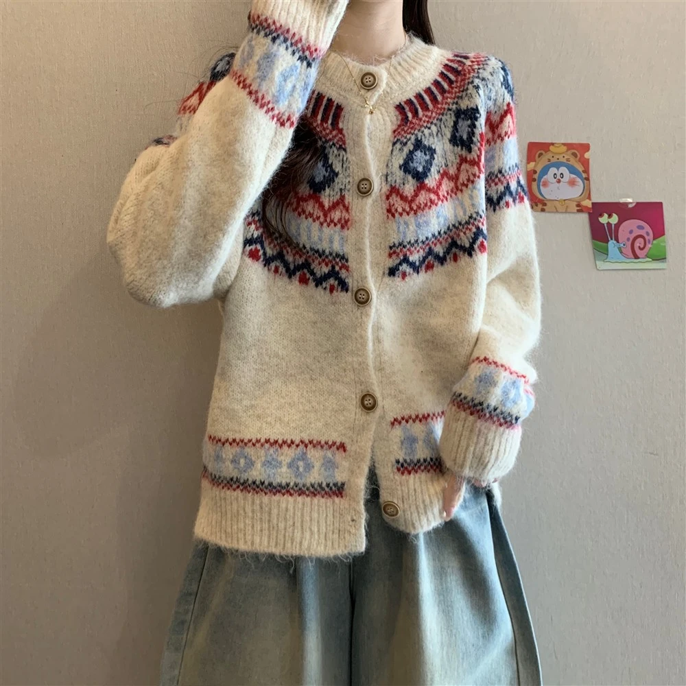 宽松显瘦百搭针织开衫女2025秋冬新款设计感复古撞色提花毛衣外套