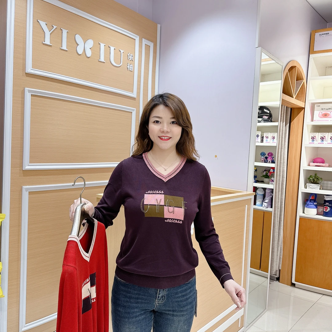 天丝上衣6-85267女士高档春秋季针织衫v领套头衫