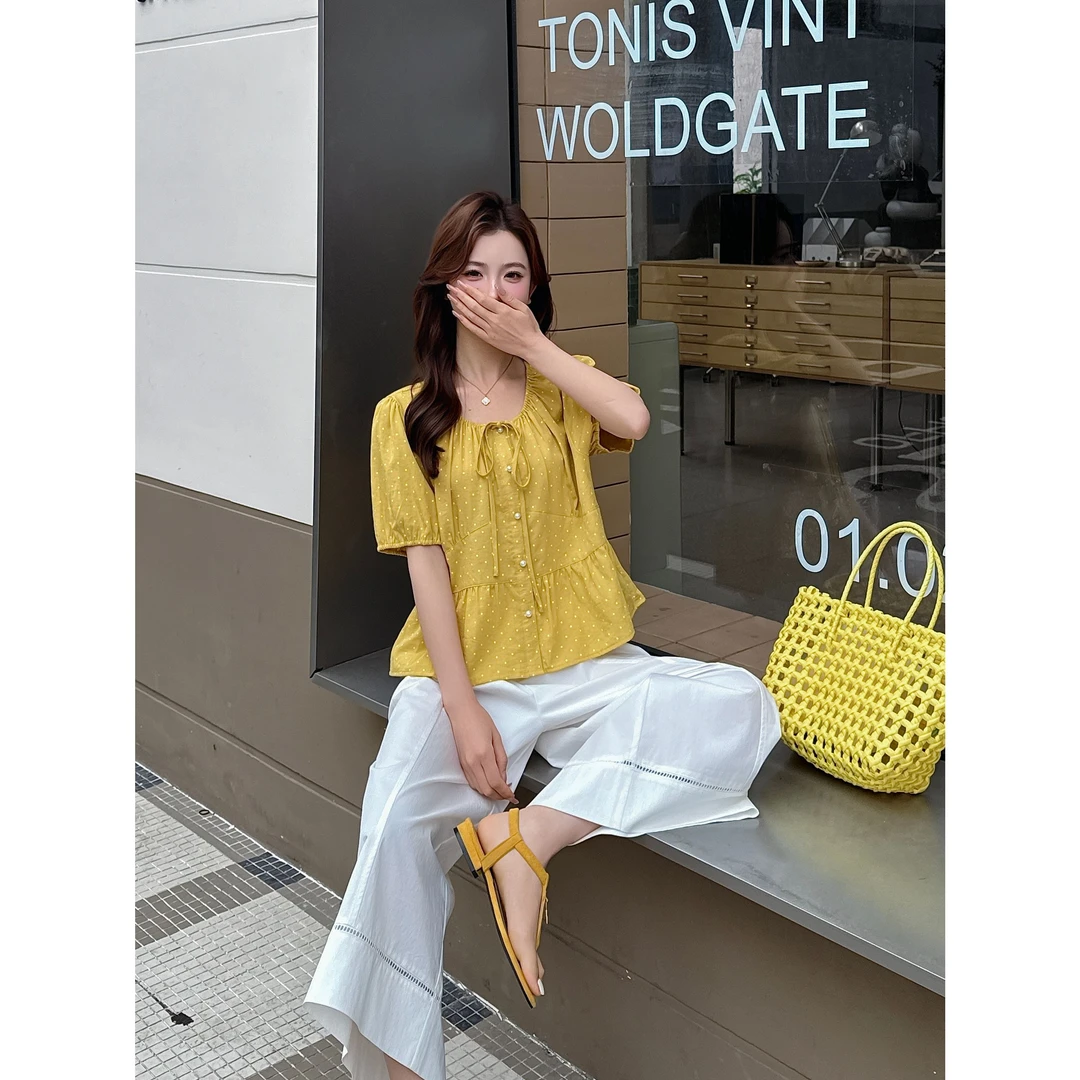 25A52#显瘦短袖短款灯笼袖波点常规袖T恤洋气夏装东方洛可可