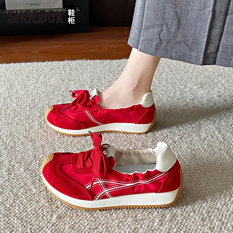 SHOEBOX鞋柜2025夏款透气薄款浅口休闲红色德训鞋百搭软底女鞋