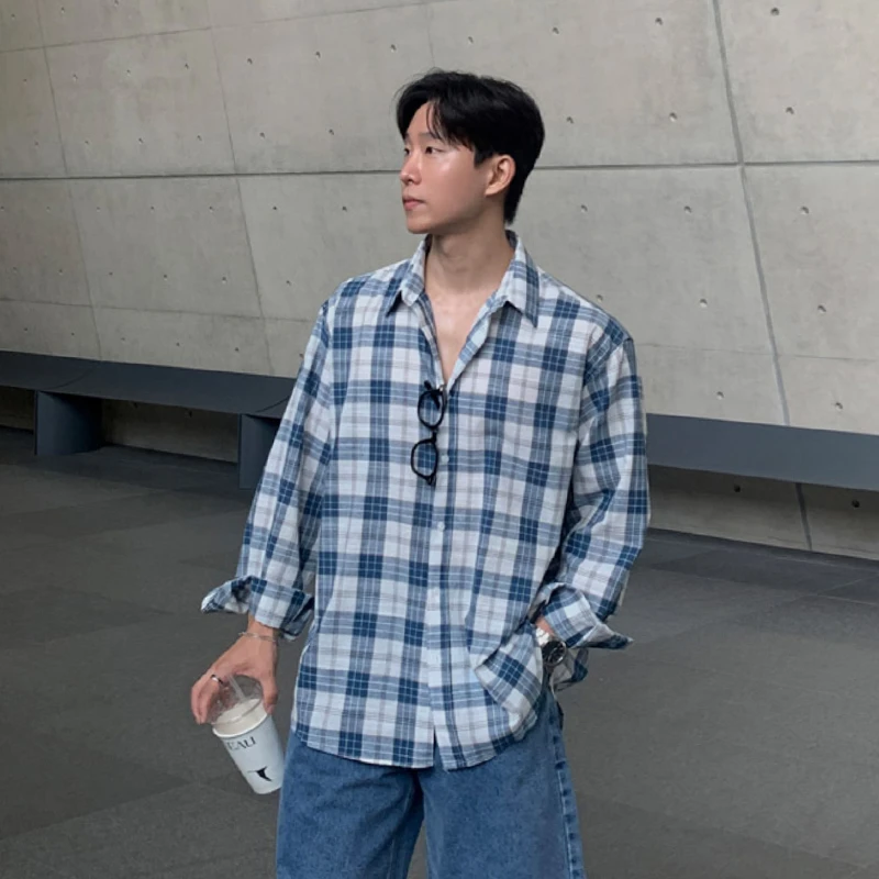 ascloqiao男士潮流美式高街宽松衬衣格子夏季痞帅男衬衫长袖ins