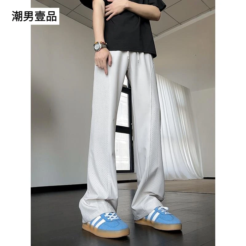 透气网孔速干裤男美式斜切凉感弯刀长裤薄款直筒微喇冰丝凉凉裤潮