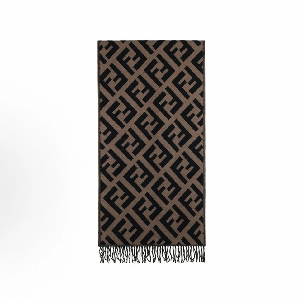 未使用 FENDI/芬迪 棕色老花满logoFF图案 羊绒围巾男女款