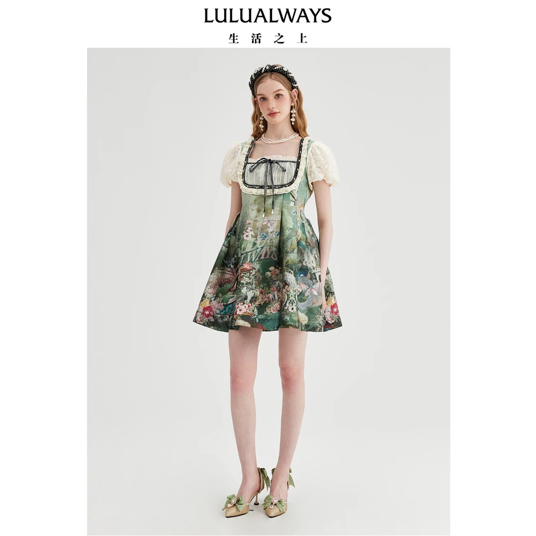 LULUALWAYS【商场同款】25夏季新款绿野仙踪蕾丝方领提花连衣裙女