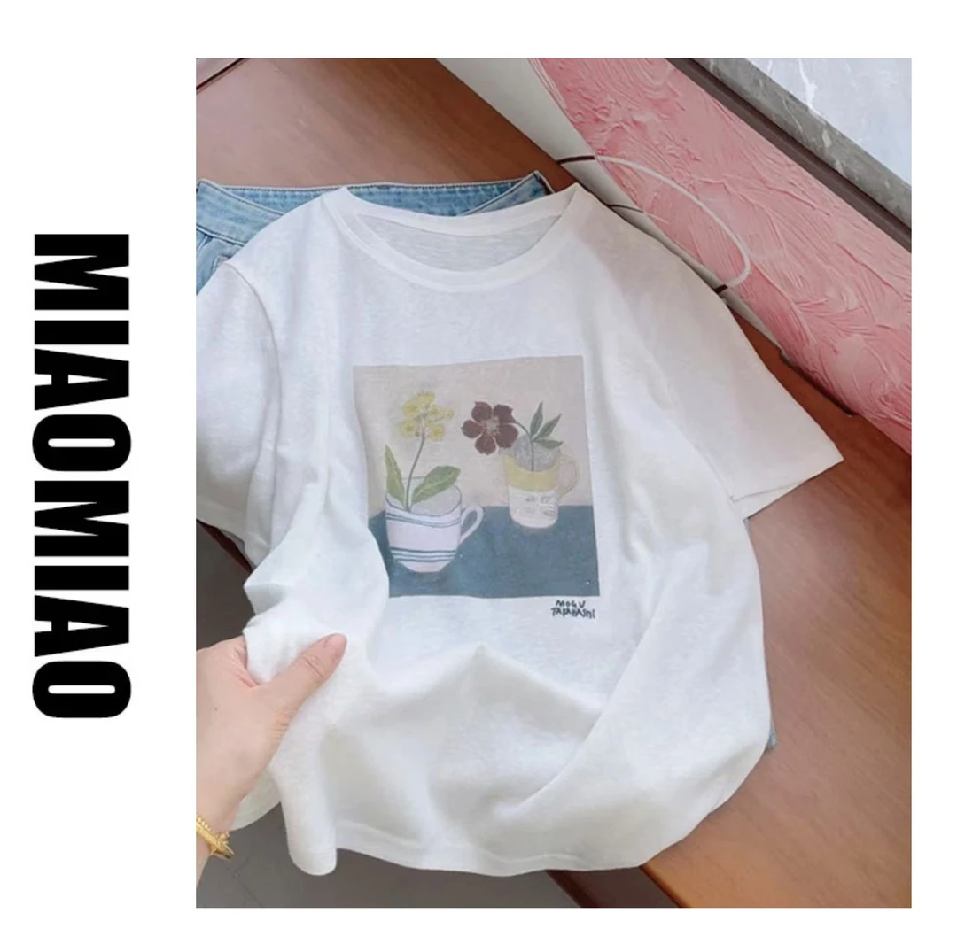 【苗苗】5352短袖T恤女夏季宽松大版水彩画印花水柔棉亲肤透气