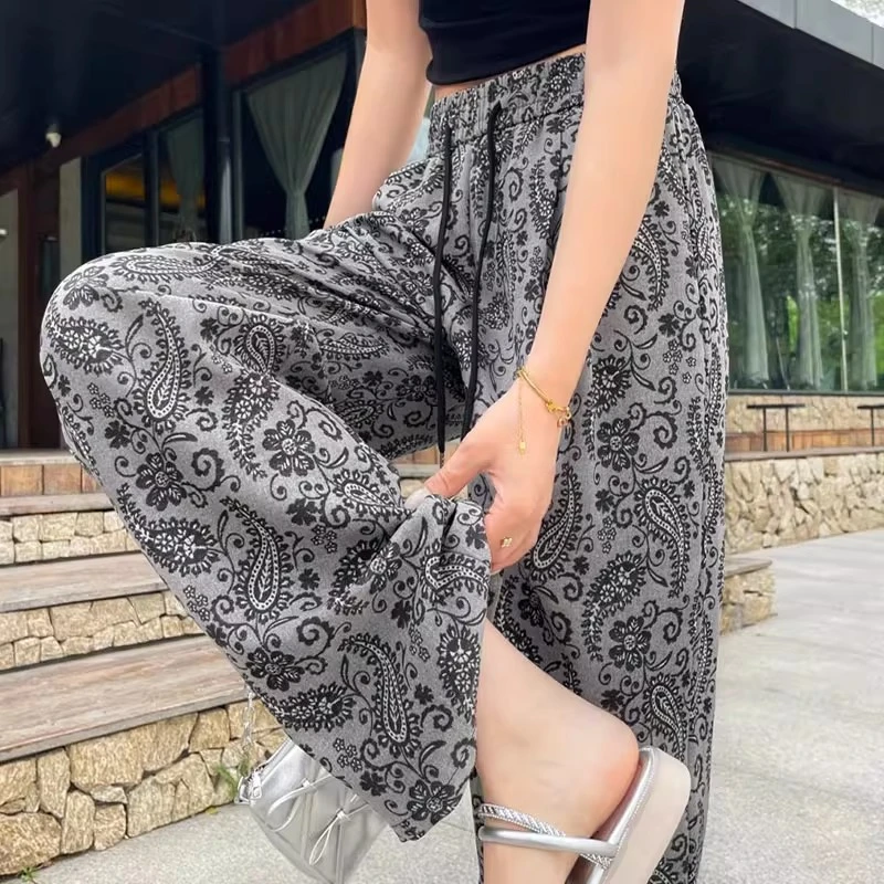 复古印花冰丝裤子女夏季薄款腰果花窄版直筒宽松阔腿裤遛弯防晒裤