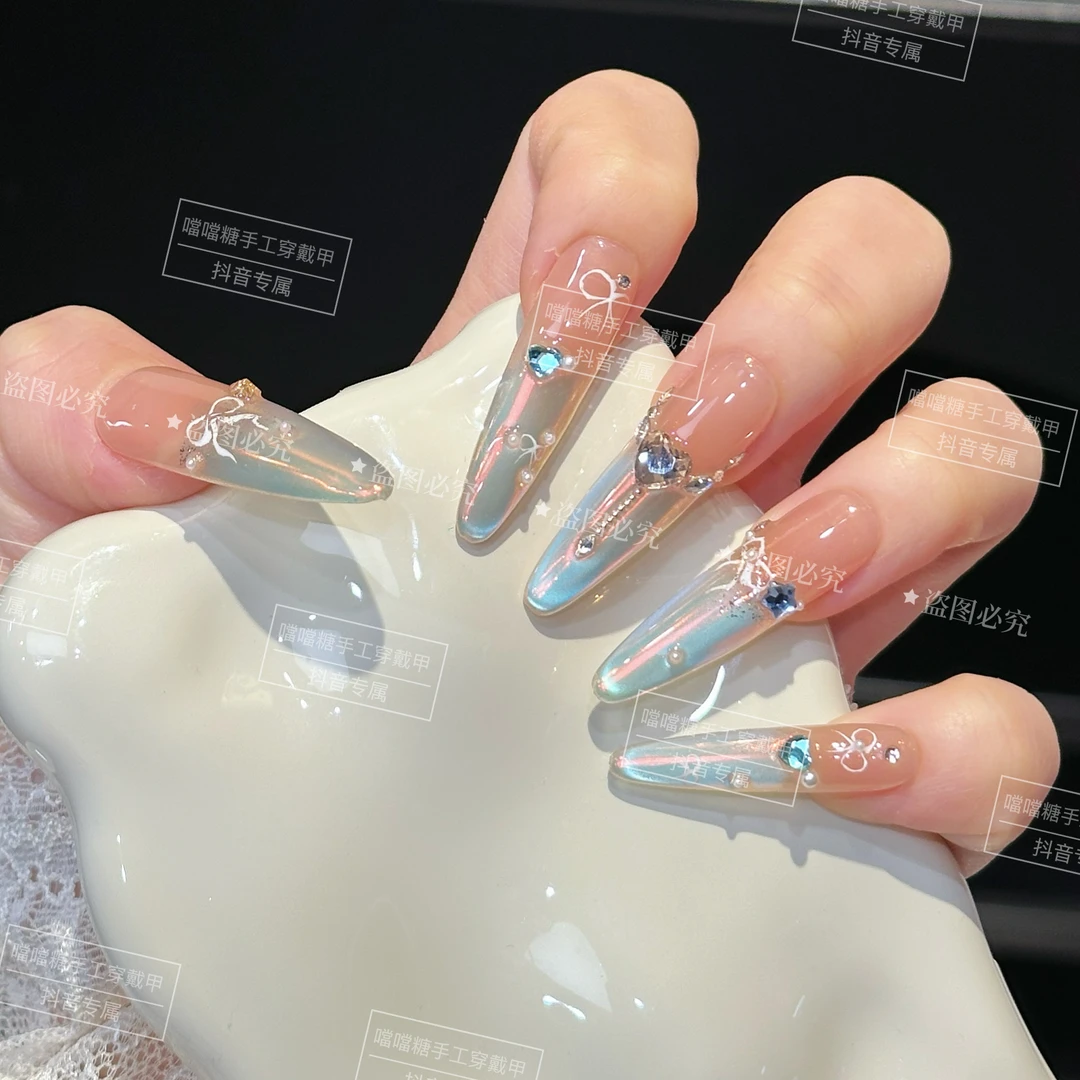 【冰岛蓝眼泪】纯手工穿戴甲猫眼美甲贴片可拆卸指甲贴片10片装