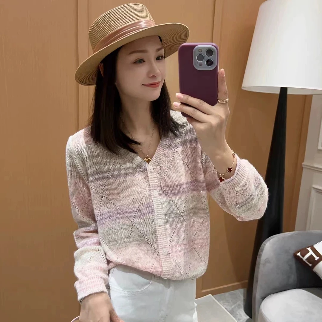 【例畔精选】春夏新款轻奢V领时尚菱格气质洋气减龄针织开衫S922#