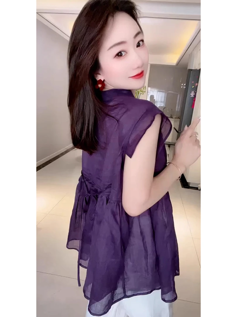 韩系chic洋气减龄高级感超好看薄款上衣气质别致紫色掐腰衬衫女夏