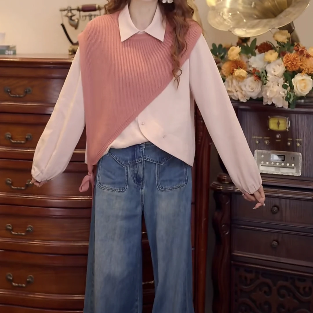 【林间落雪】港风复古披肩长袖百搭宽松衬衣2025秋季披肩衬衫两件套