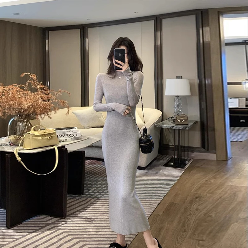 早秋冬季高领针织连衣裙女内搭打底衫修身气质长款网纱包臀毛衣裙