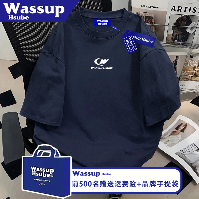 WASSUP HSUBE夏藏青色纯棉短袖男女上衣ins简约字母印花宽松款T恤