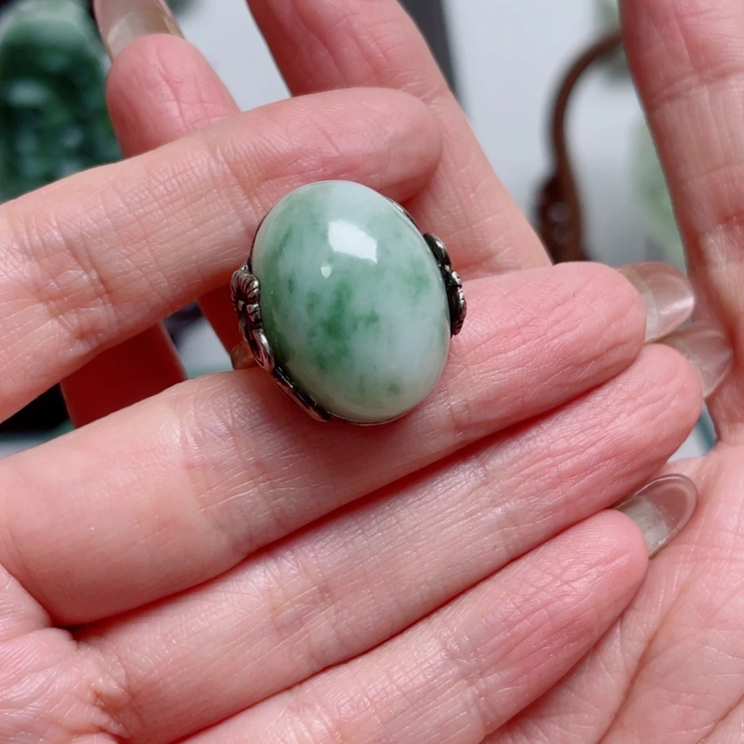 净****透闪石-蛇纹石玉银S925镶嵌戒指
