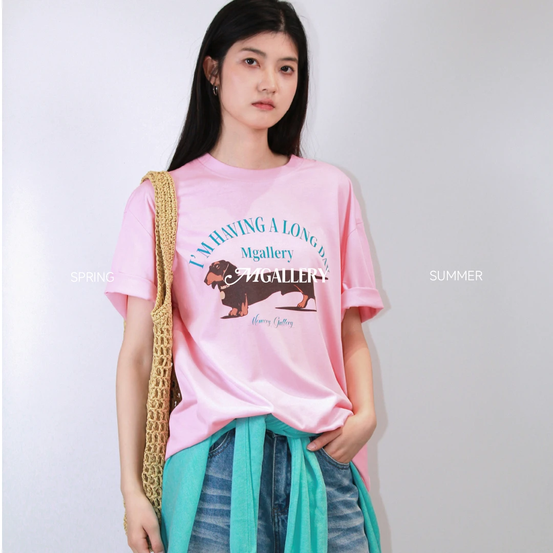 复古学院多巴胺男女同款宽松腊肠狗印花纯棉短袖T半袖Mgallery