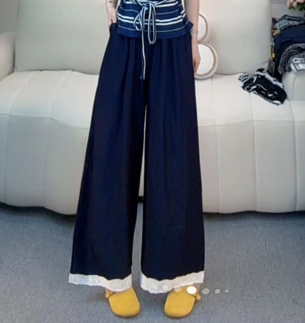 夏季必备冰滑感牛仔蓝大蕾丝拼接直筒九分裤K516