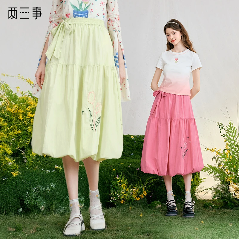 两三事芳蕾夭夭 2025春季新款甜美绣花绑带高腰半身裙