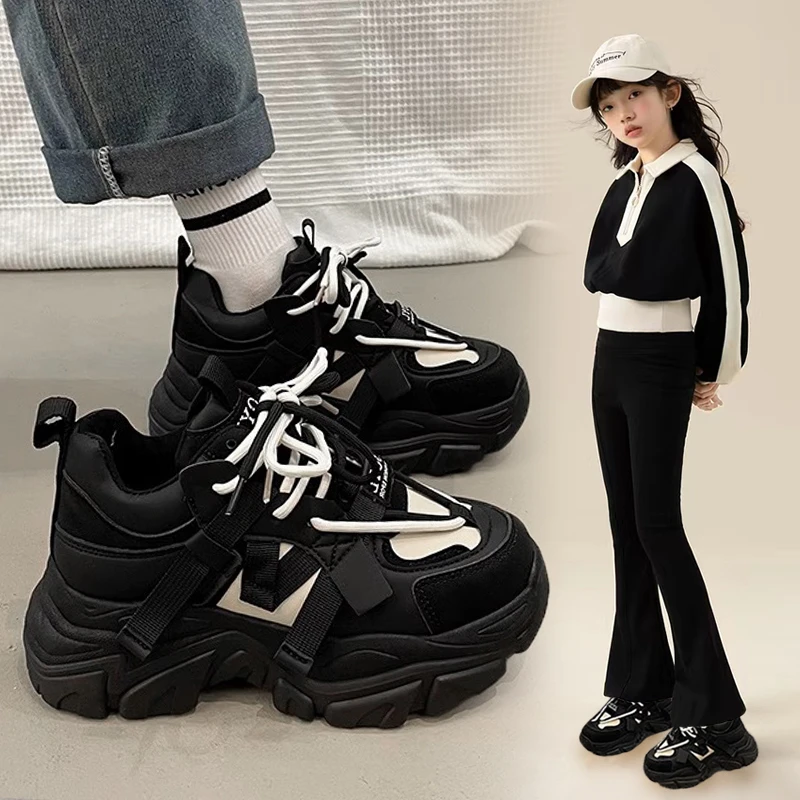 阿童木女童鞋子春秋2025新款儿童运动鞋中大童休闲黑色软底老爹鞋