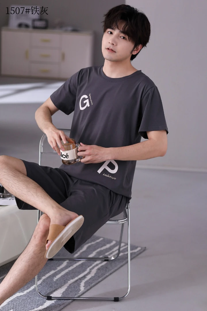 男士睡衣夏季2025新款纯棉薄款圆领短袖休闲家居服1507