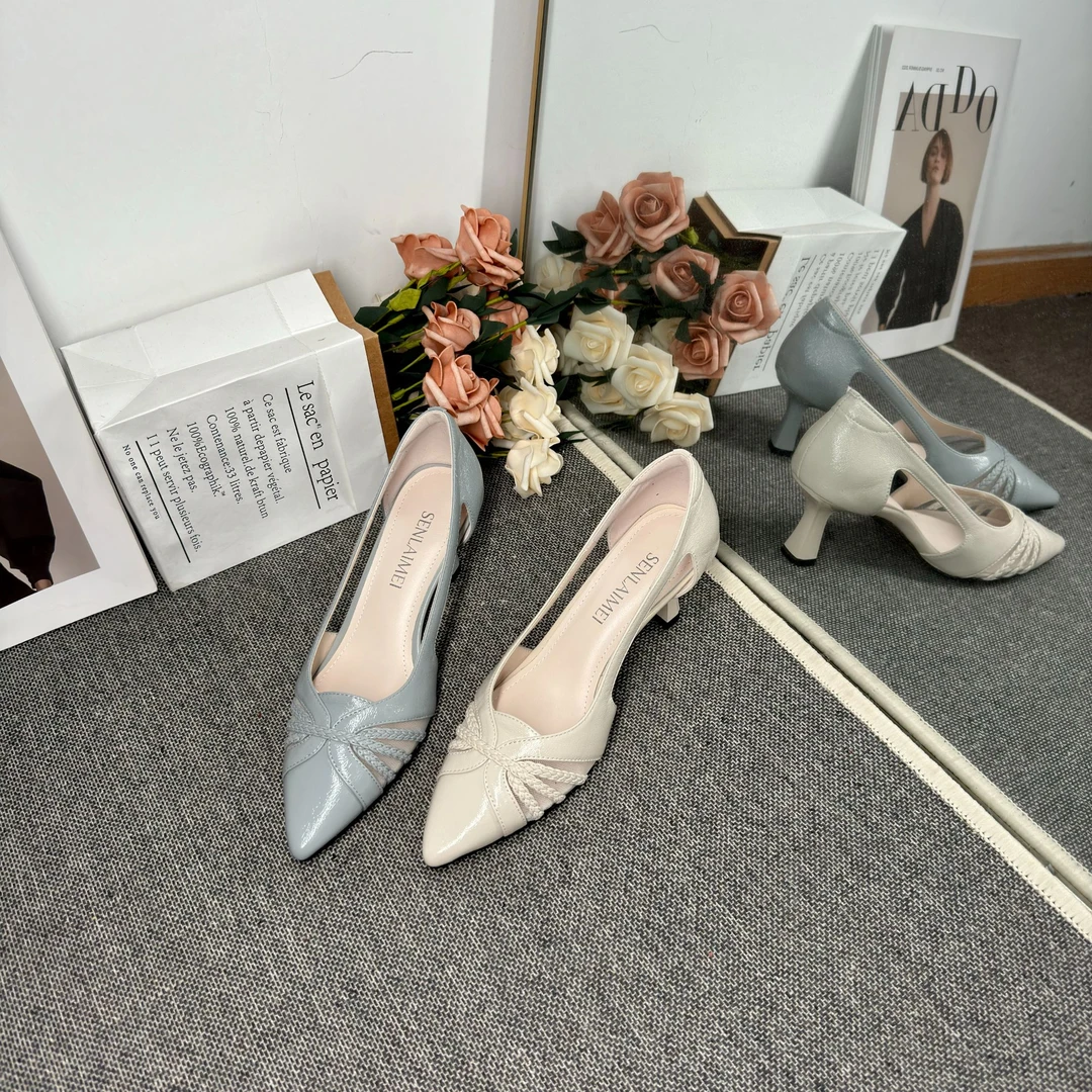 【罗马风】MQE/羊皮/6CM/33-40/9395一字带真皮镂空高跟百搭女鞋