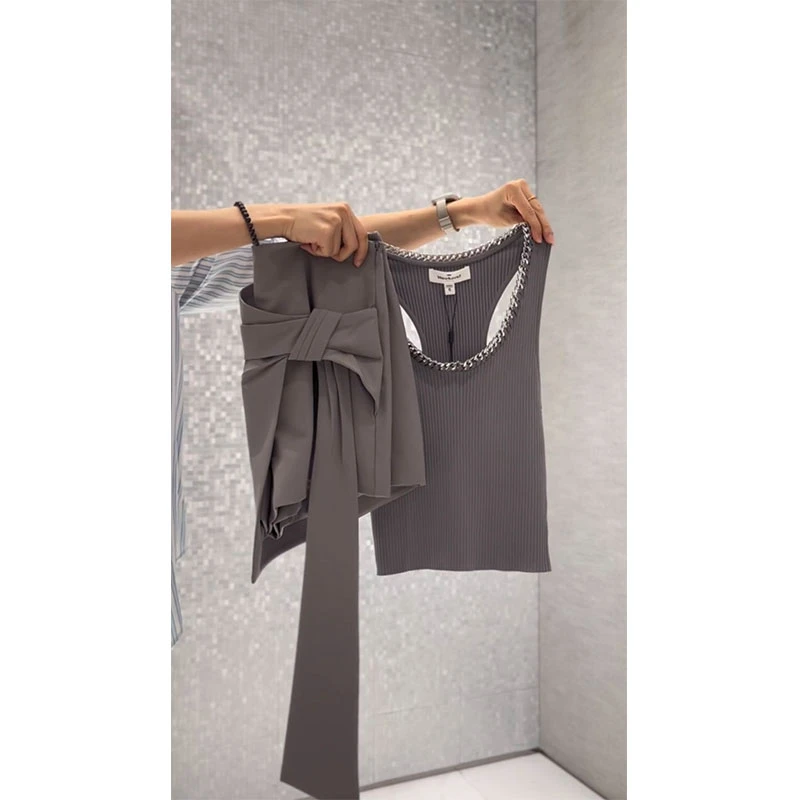 夏季新款修身显瘦时尚气质高级设计感无袖上衣休闲简约飘带裙裤女
