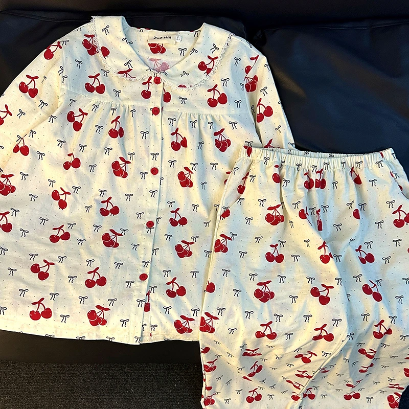 侘町2024年新款樱桃娃娃领纯棉长袖睡衣女春秋季可外穿家居服秋款