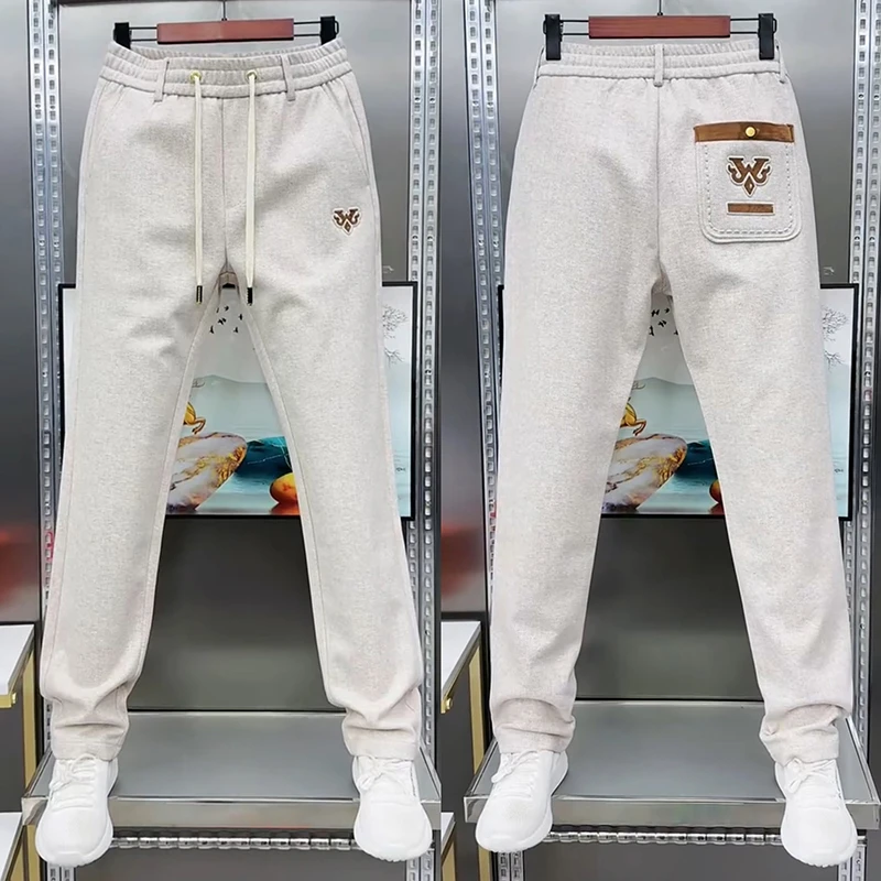 2025春秋款潮牌刺绣毛呢休闲裤男士潮流百搭简约宽松直筒运动卫裤